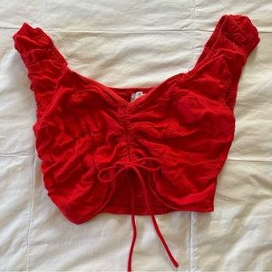 Red puff sleeve ruched top